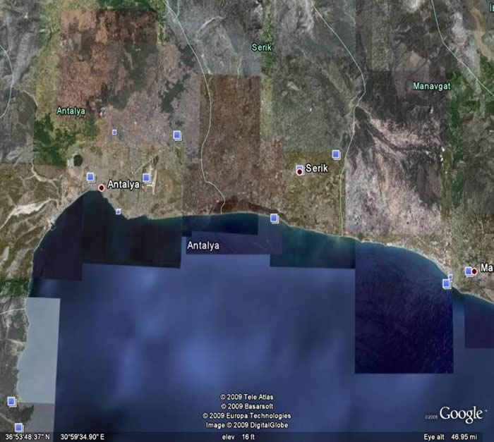 Google Earth view of Antalya, Perga and Aspendos